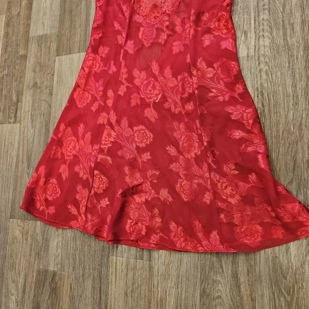 Vtg Fredrick's of Hollywood Red Floral Lace Slip Dress Womens M Lingerie 90s